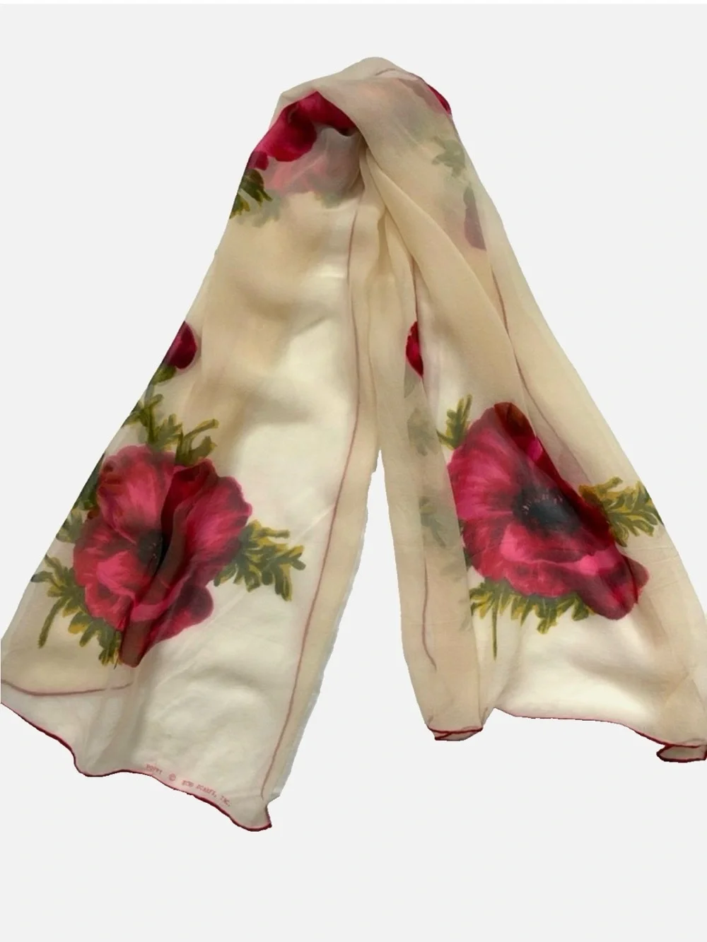 Echo Design Sheer Poppy Floral Scarf Ivory Red Oblong Wrap Romantic Spring